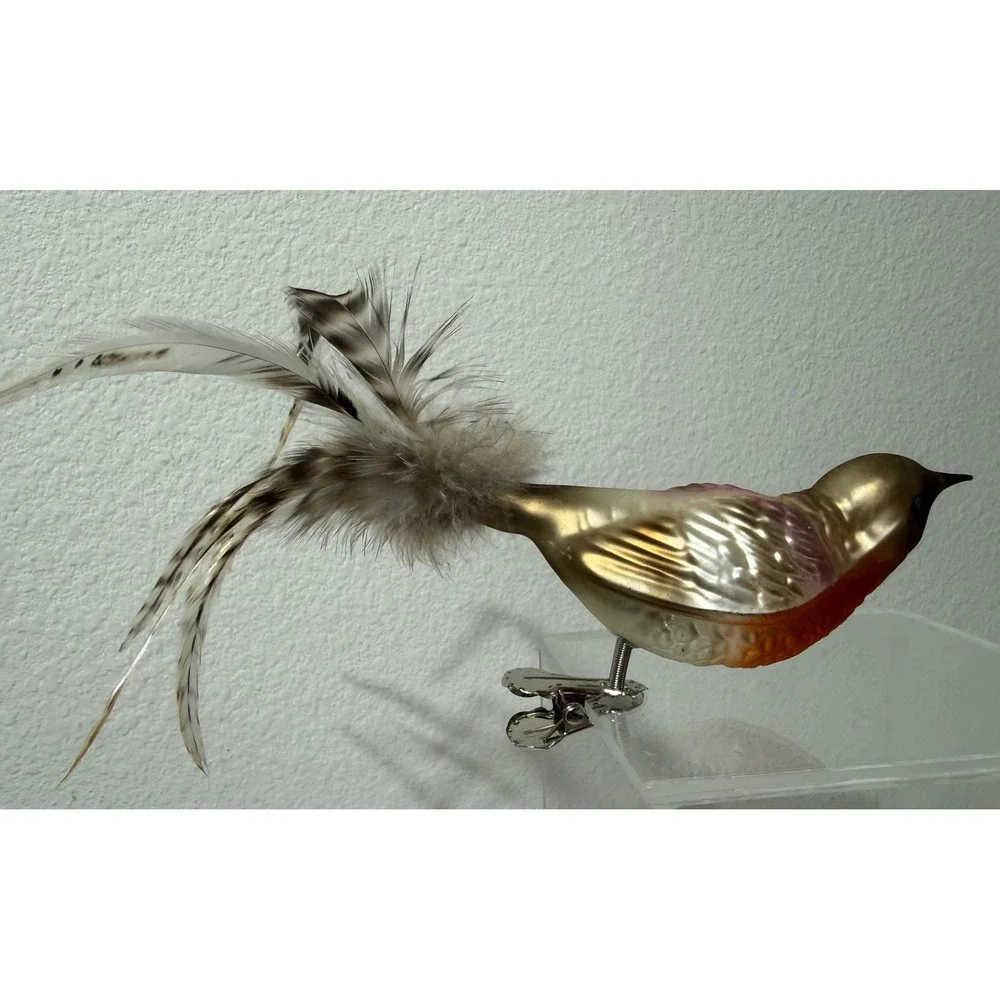 Vtg Painted Multicolor Glass Bird ClipOn Christmas Ornament Feather Tail 7.5 Inc